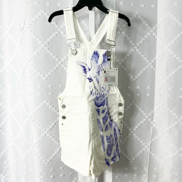 #35🎄 388. DESIGUAL white jeans overalls shorts drawn giraffe size 7 - 8 years - Picture 3 of 8